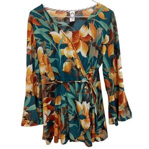 Honeyme BOHO Top Womens Small Teal Floral Faux Wrap Bell Sleeve Cottagecore